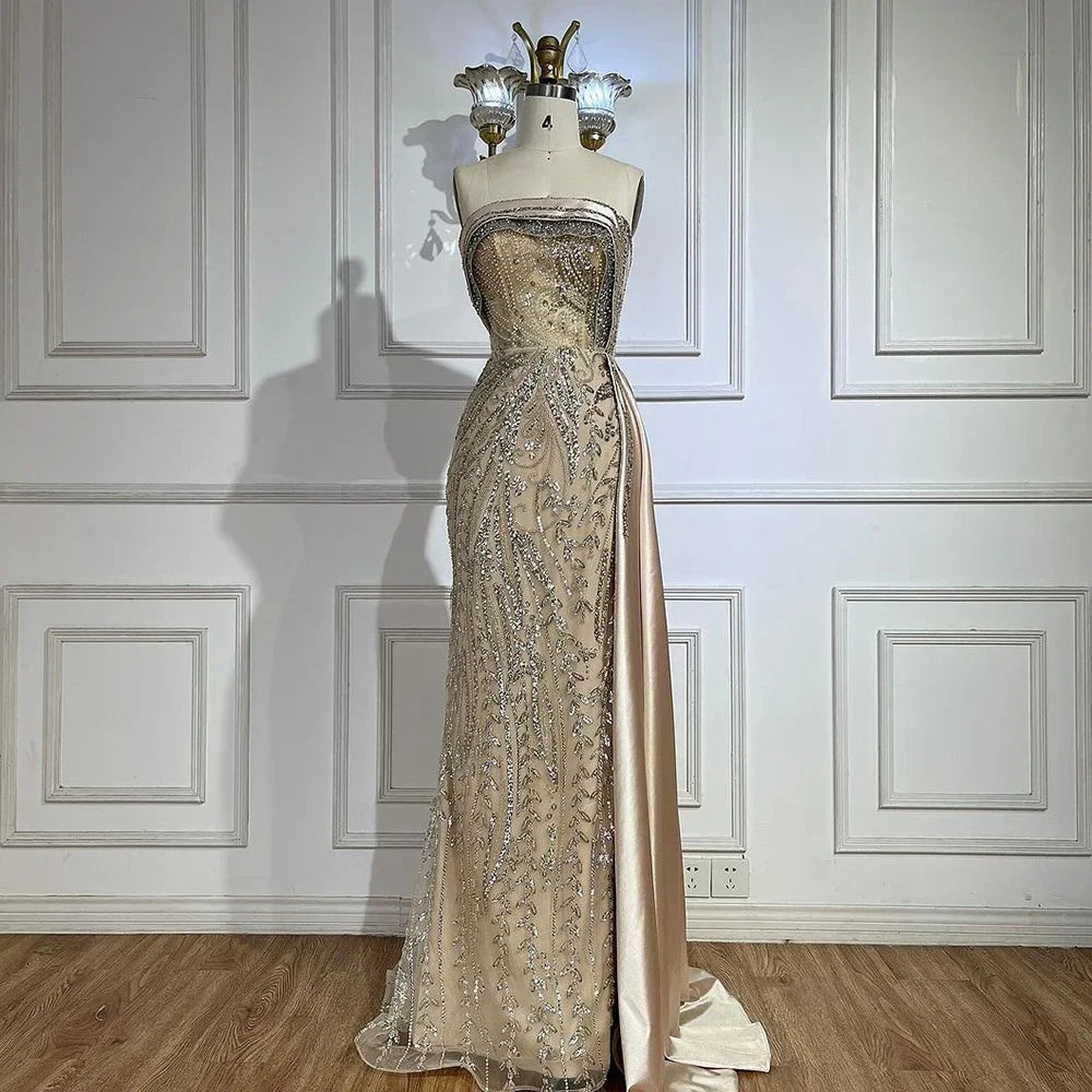 Serene Hill 2024 Arabic Nude Strapless Satin Mermaid Beaded Luxury Dubai Evening Gown with Side Skirt for Women's Party BLA72665