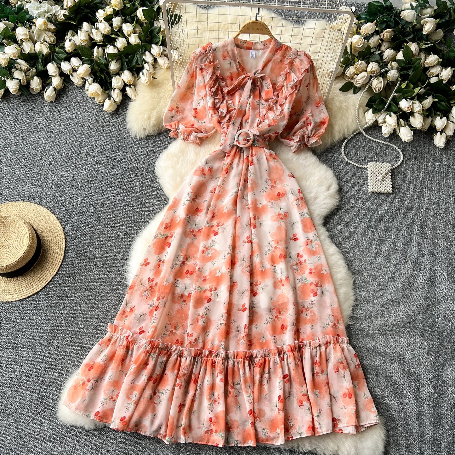 French Vintage Ruffle print chiffon Bandage Bow Puff Sleeves short Sleeves Dress Casual Women Fashion summer dresses