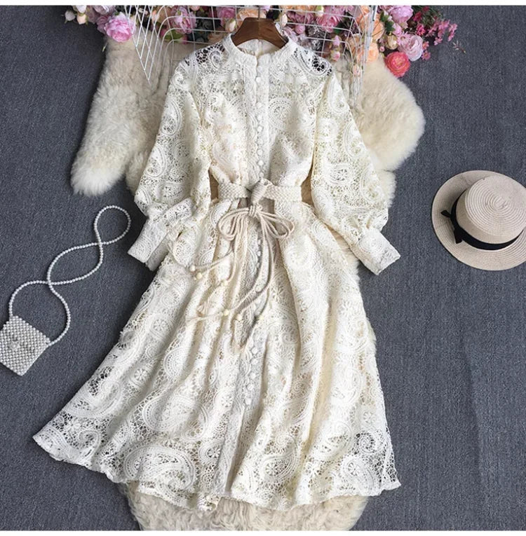 French Vintage Lace Dress Women Elegant Lantern Sleeve Party Long Dress with Belt ladies Slim A-line Spring Autumn Long Robe