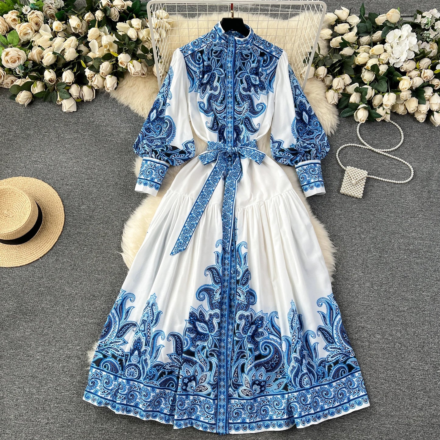 Vintage Print Elegant Half High Collar Lantern Long Sleeve Dress A-line Casual Women Fashion Autumn Spring Vestidos