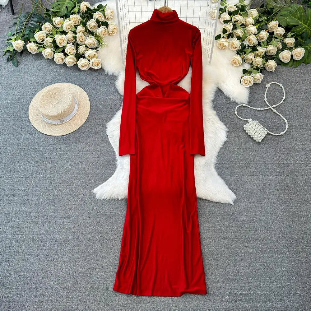 Autumn Solid Long Sleeve Party Dress for Women Sexy Bodycon Stand Collar Evening Dresses Bow Bandage Pleated Slim Waist Vestidos