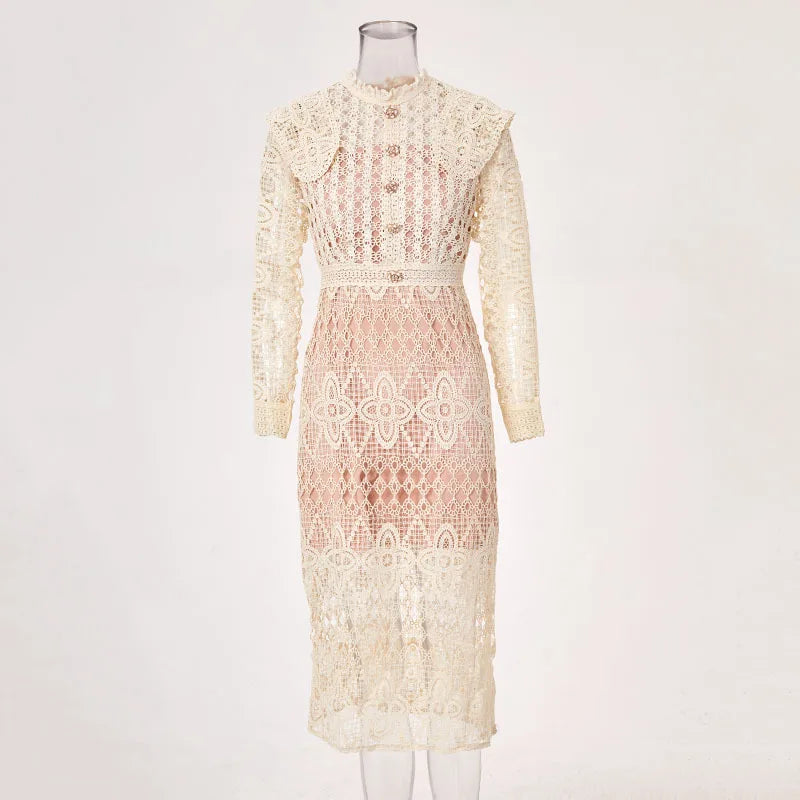 Spring Hollowed Out Design Long Sleeved Lace Dress for Women's Temperament and Elegant Slim Long Dresses with a Waist