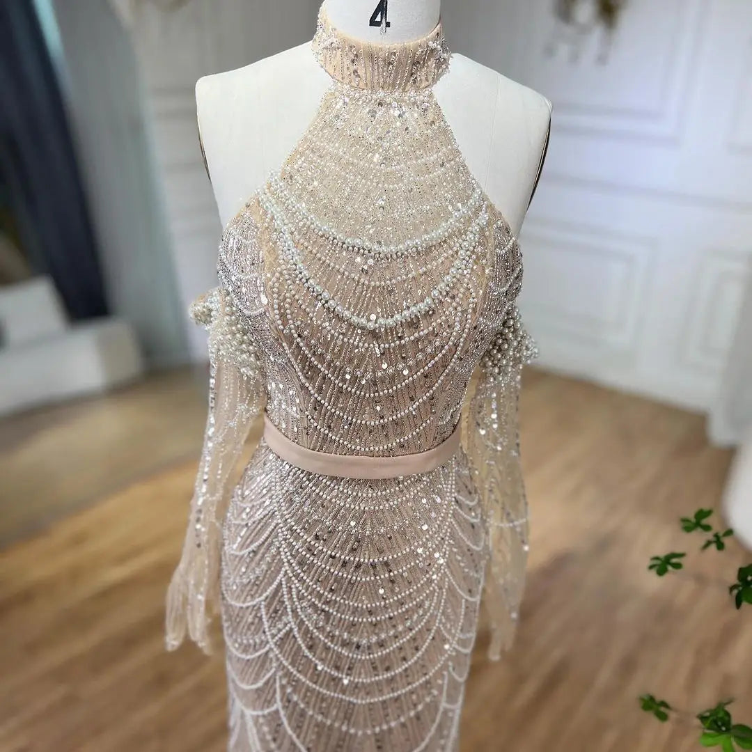 SERENE HILL Dubai Arabic Nude Mermaid With Gloves Luxury Beaded Evening Dresses Gowns 2024 For Women Wedding Party GLA72032A