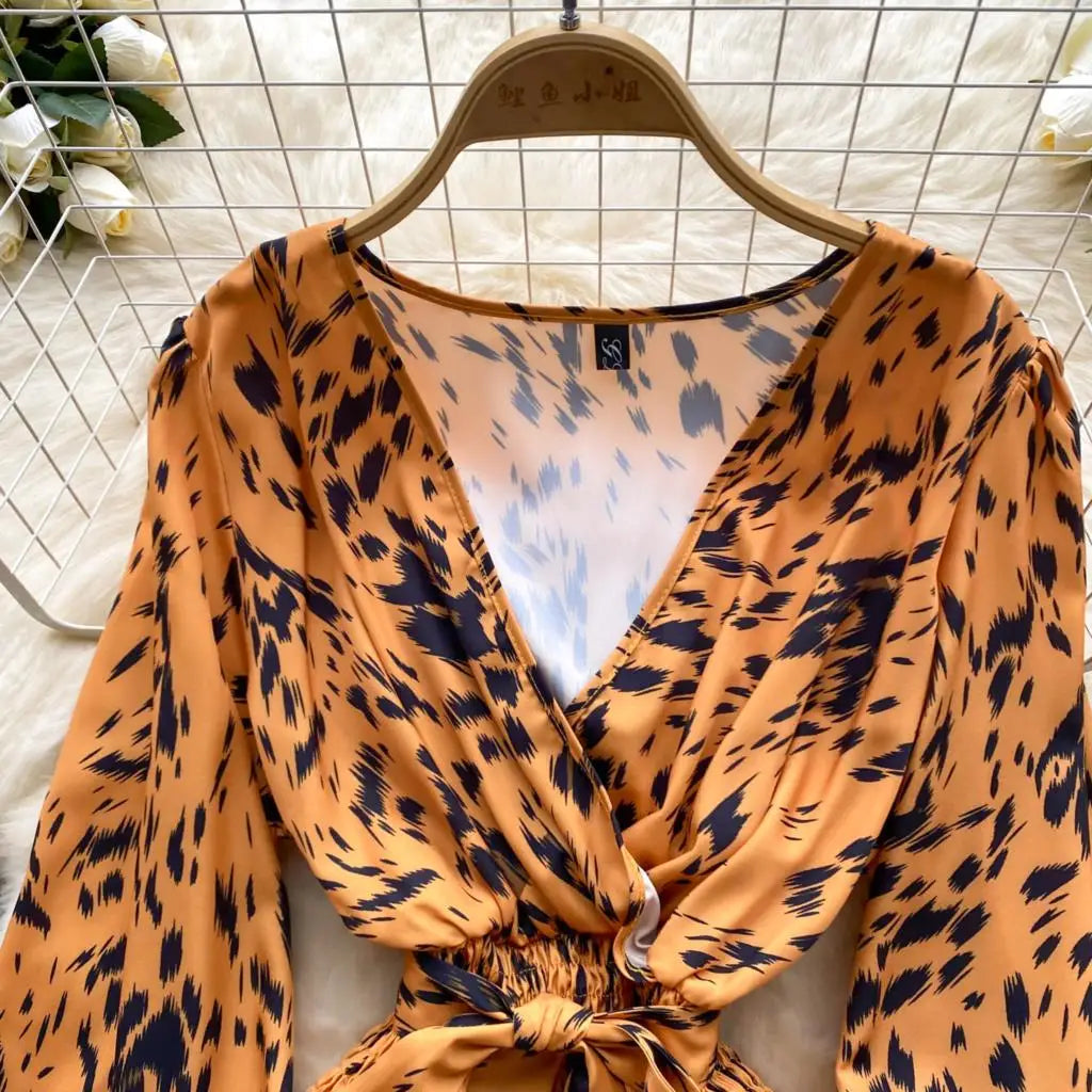 Women Casual Vintage Print Ruffle Long Dress Autumn Elegant V Neck Lantern Sleeve Party Mermaid Dresses Holiday Female Mujer New