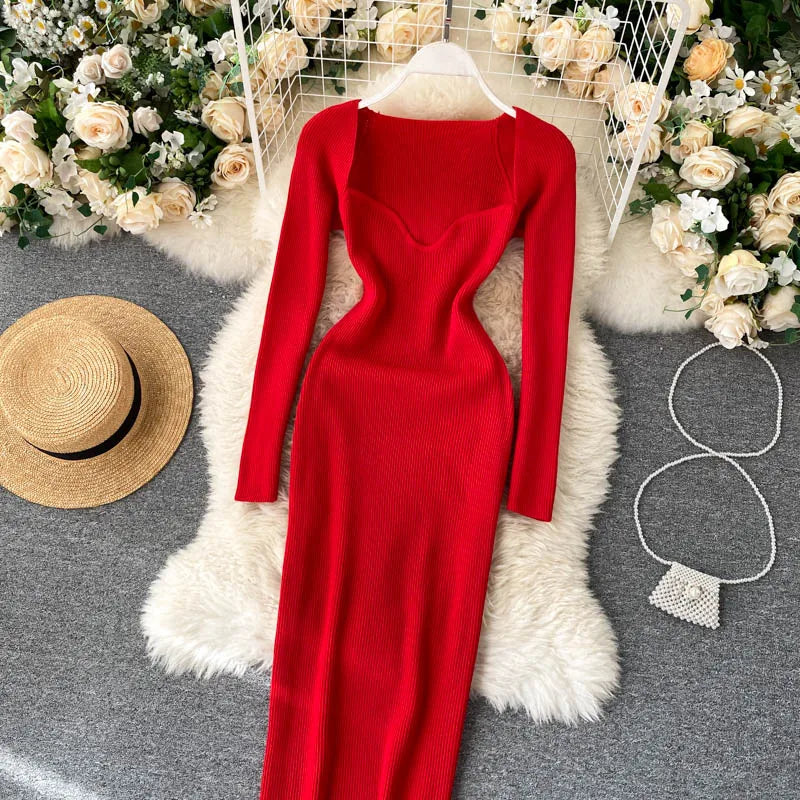 Women Long Sleeve Sexy Bodycon Dress with slit Vintage French Fashion Knit v neck Vestidos Basic Tight Elegant Slim Chic Dresses