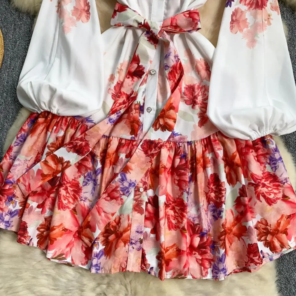 Elegant Casual Women Pleated Print Mini Dress Vintage Lace-up Lantern Sleeve Ruffles Short Dresses Female Party Clothes Robe