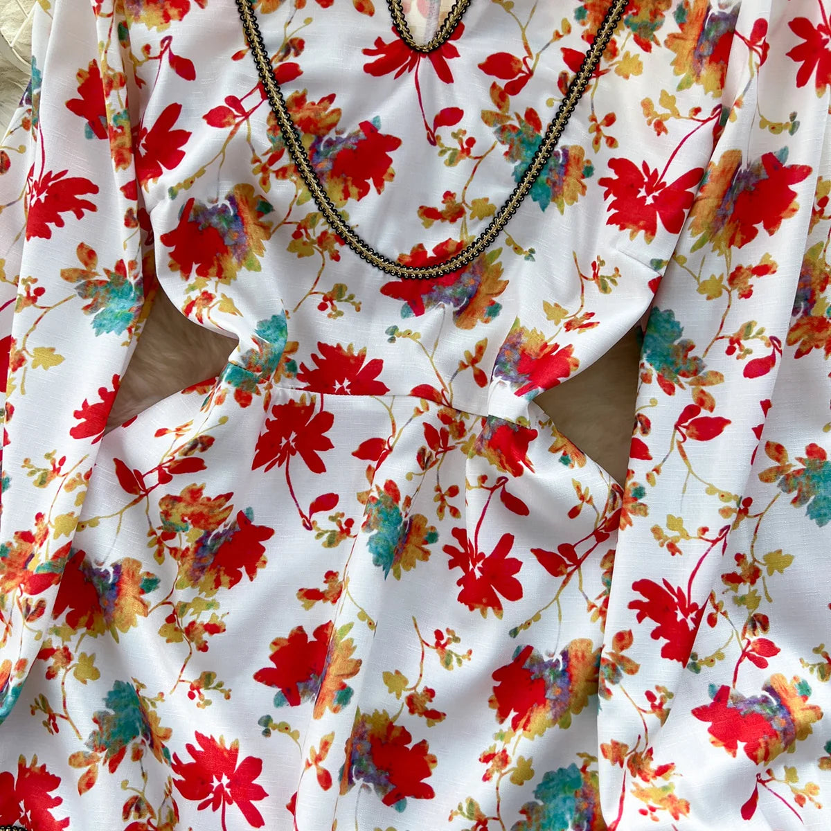 Elegant Dresses For Women 2023 New In Contrast Trim Vintage Floral Print Dress V Neck Long Sleeve Ruffle Hem Vacation Mini Dress