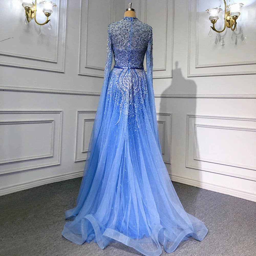 Serene Hill Blue A-Line High-end Beaded Luxury Cape Sleeves Evening Dresses Gowns 2024 For Woman Party Plus Size LA70066B
