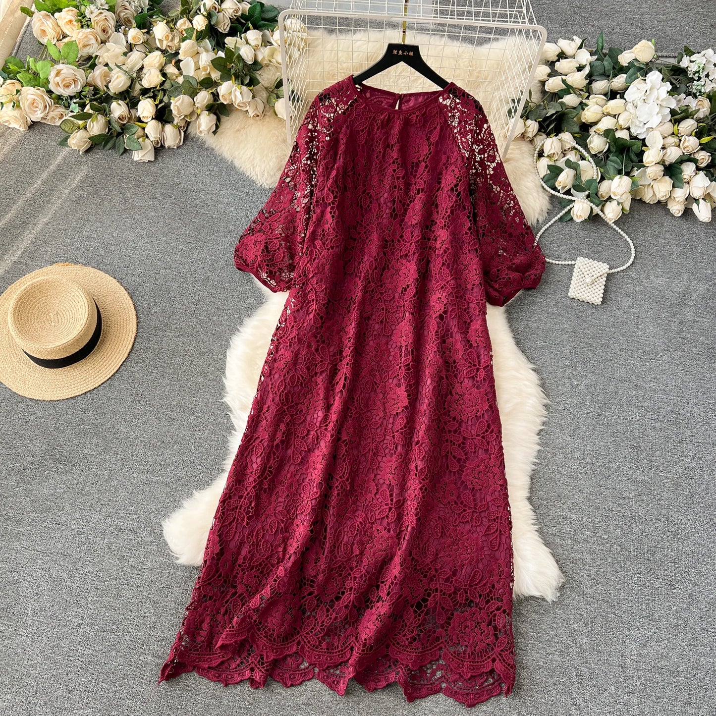 Chic Long Sleeve O Neck Lace Hook Flower Hollow Loose Dress Chiffon A-line Casual Dresses Fashion Women Elegant Vestidos