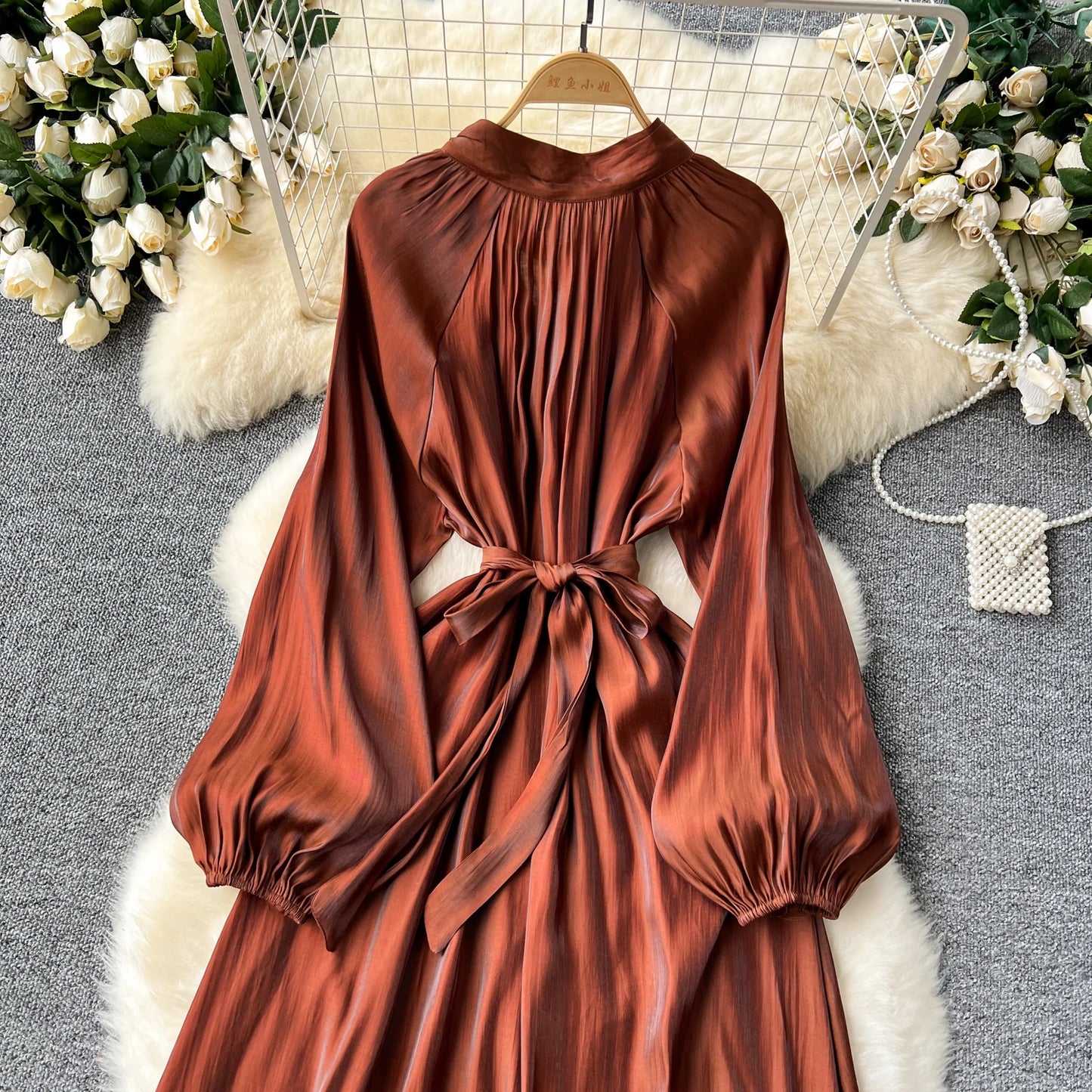 French Vintage Pleated lool sleeve print Lace-up Bow sweet Dress Casual Women Fashion summer dresses