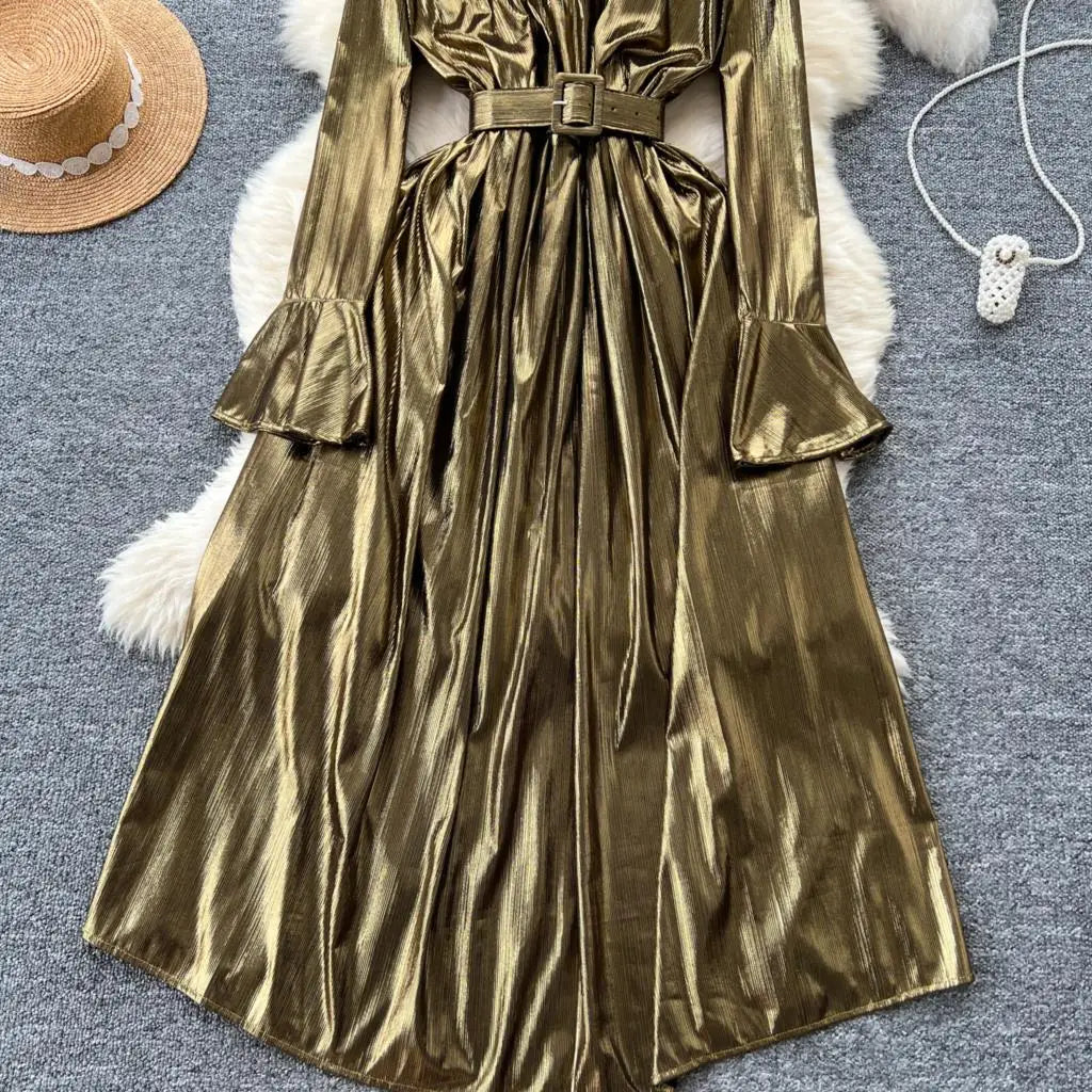 Autumn Vintage Pleated Women Long Dress Elegant Stand Collar Solid A-Line Party Prom Vestidos Female Birthday Clothes Mujers