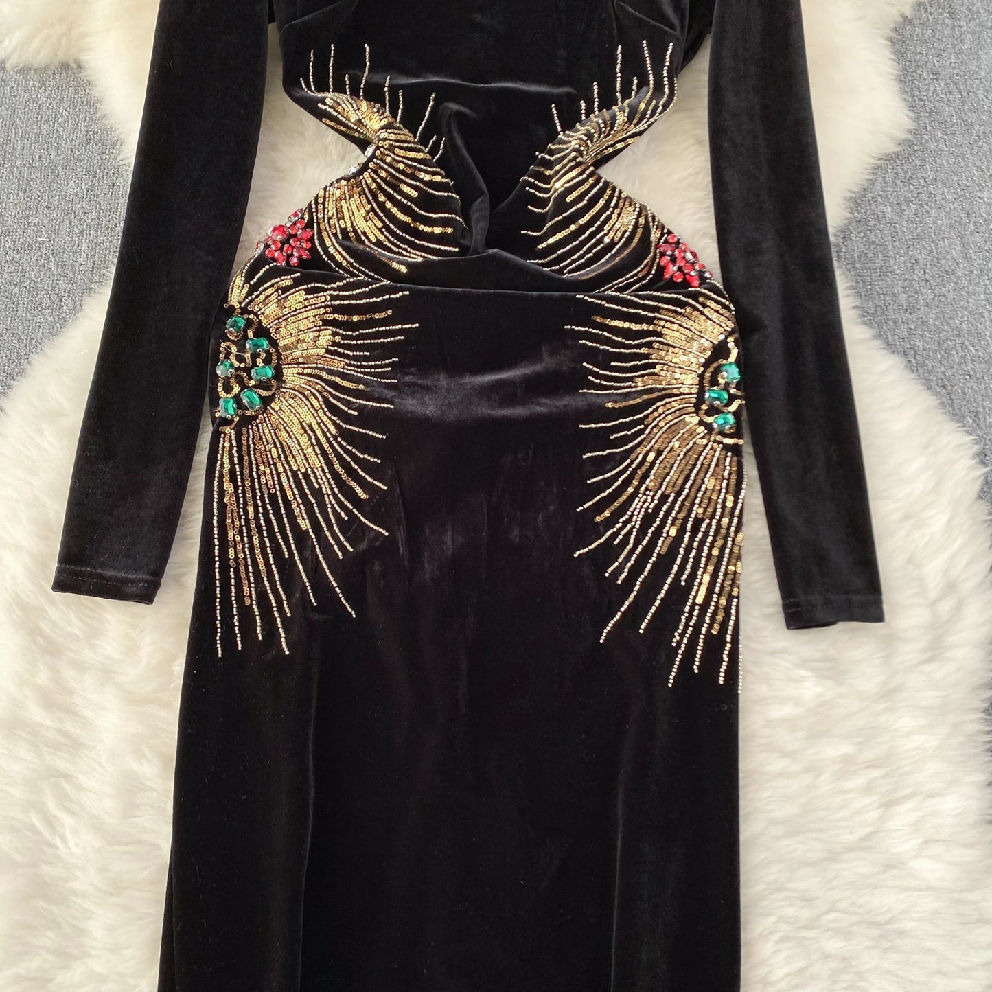 Chic Elegant Long Sleeve O Neck Rhine Stone Sequin Velvet Dress Sexy Vestidos High Waist Women Autumn Ceremonial Dress