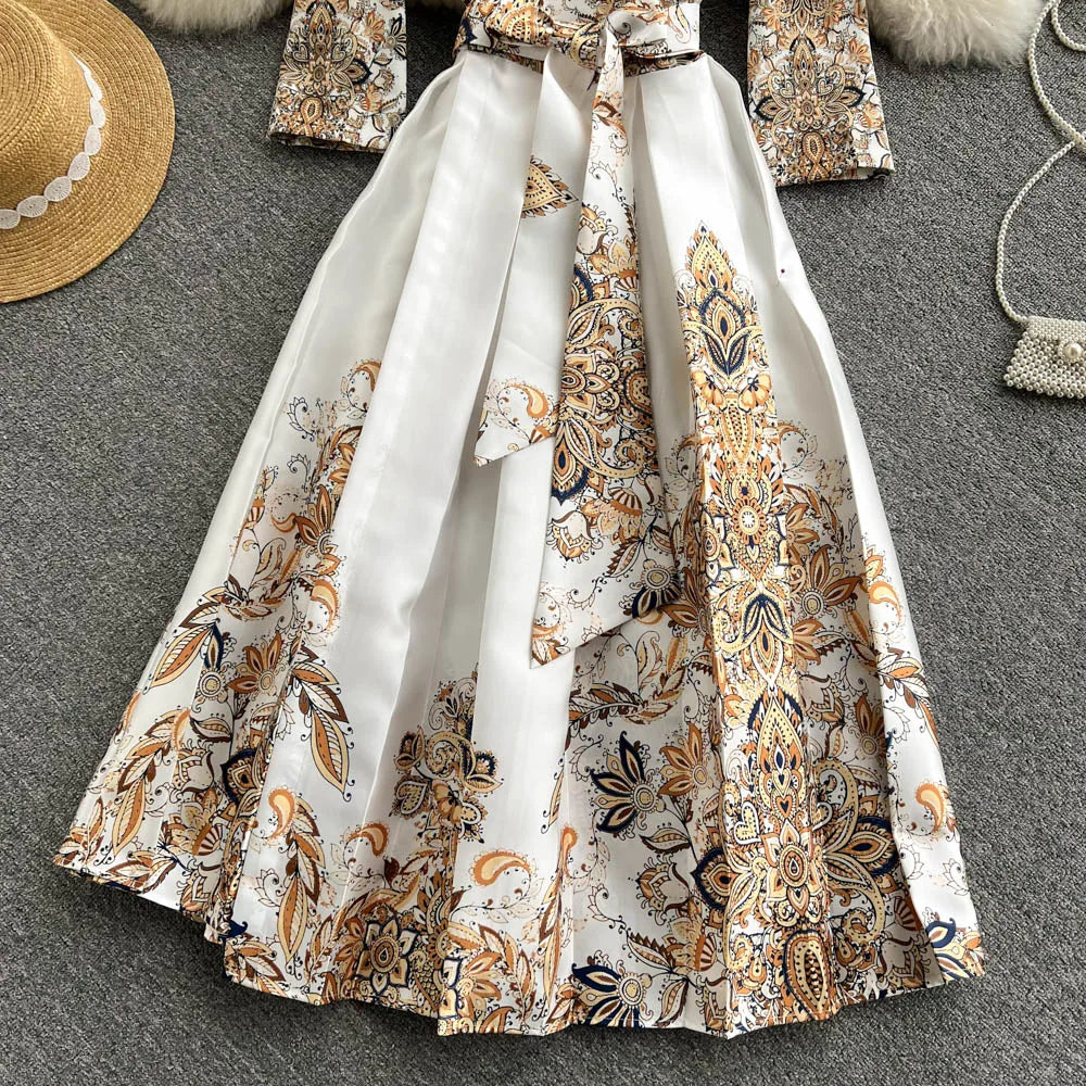 Pinkou Women Elegant Print Maxi Dress Cross V Neck Bow Tie Sashes Three Quarter Sleeve Female Chic Wrap Dresses Vestido QA815