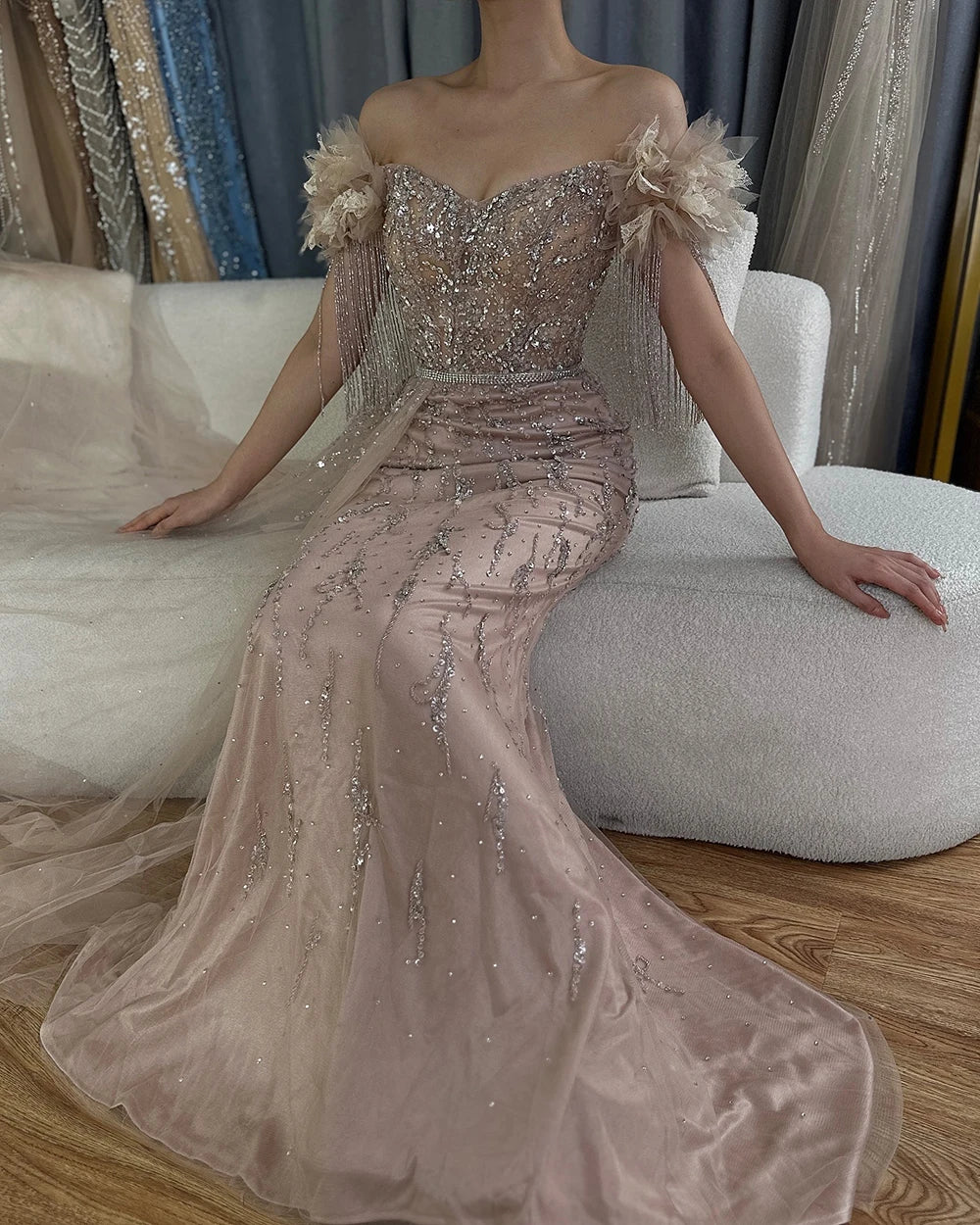 Serene Hill Arabic Dubai Nude Mermaid Luxury Evening Dresses Gowns Boat Neck Beaded Tassel For Women Wedding Party 2024 LA72260