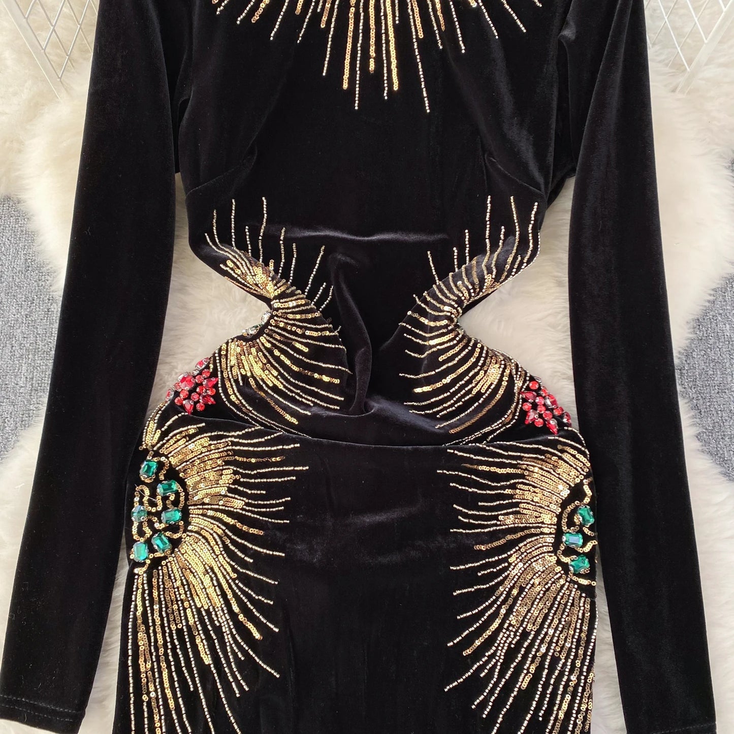 Chic Elegant Long Sleeve O Neck Rhine Stone Sequin Velvet Dress Sexy Vestidos High Waist Women Autumn Ceremonial Dress