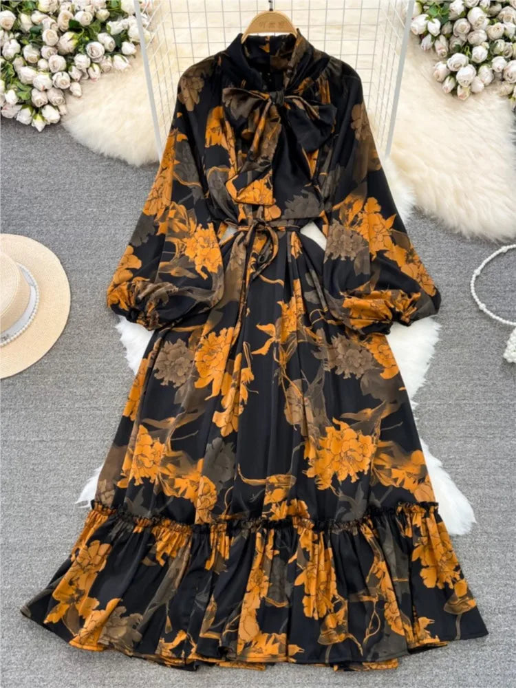 Elegant Casual A-Line Vintage Ruffle Print Long Dress Autumn Lantern Sleeve Party Boho Dresses Beach Holiday Female Vestidos