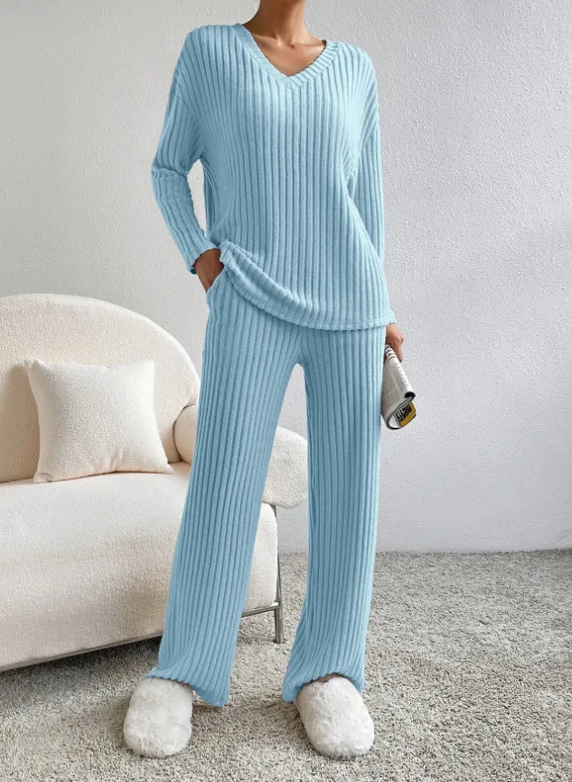 Pit striped Knitted Two Piece Set for Women Spring Solid Casual 2-piece V-neck Pullover Sweater+Straight Leg Pants Trendy Female