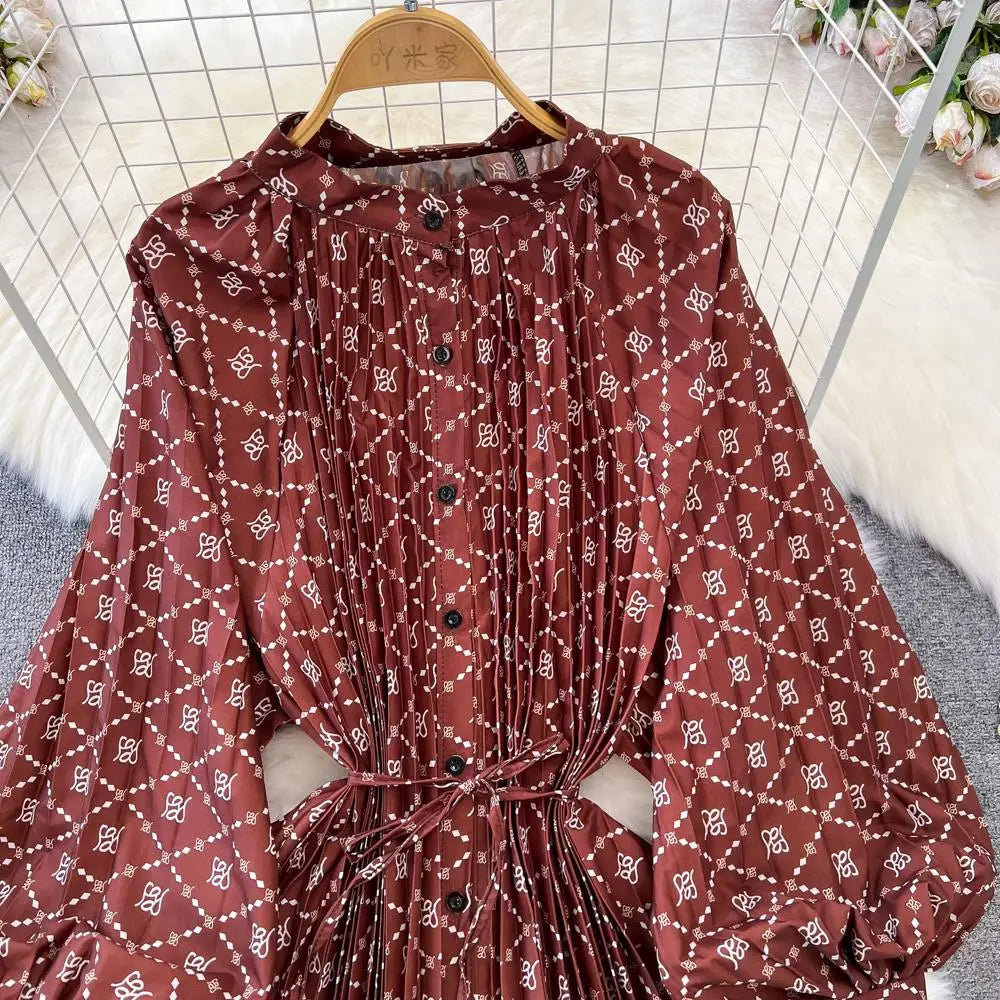 Elegant Women Casual Floral Print Party Dress Vintage Lantern Sleeve A-Line Pleated Prom Birthday Clothes Female Fashion Robe