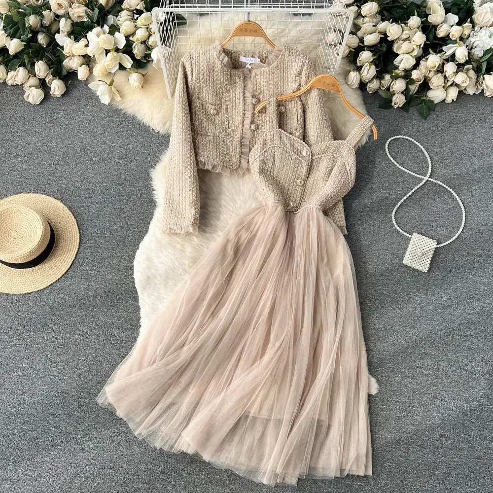 Elegant Small Fragrance Two-Piece for Women's Strap Mesh Midi Dress+Short Thick Tweed Jacket for Women's Spring and Autumn Set