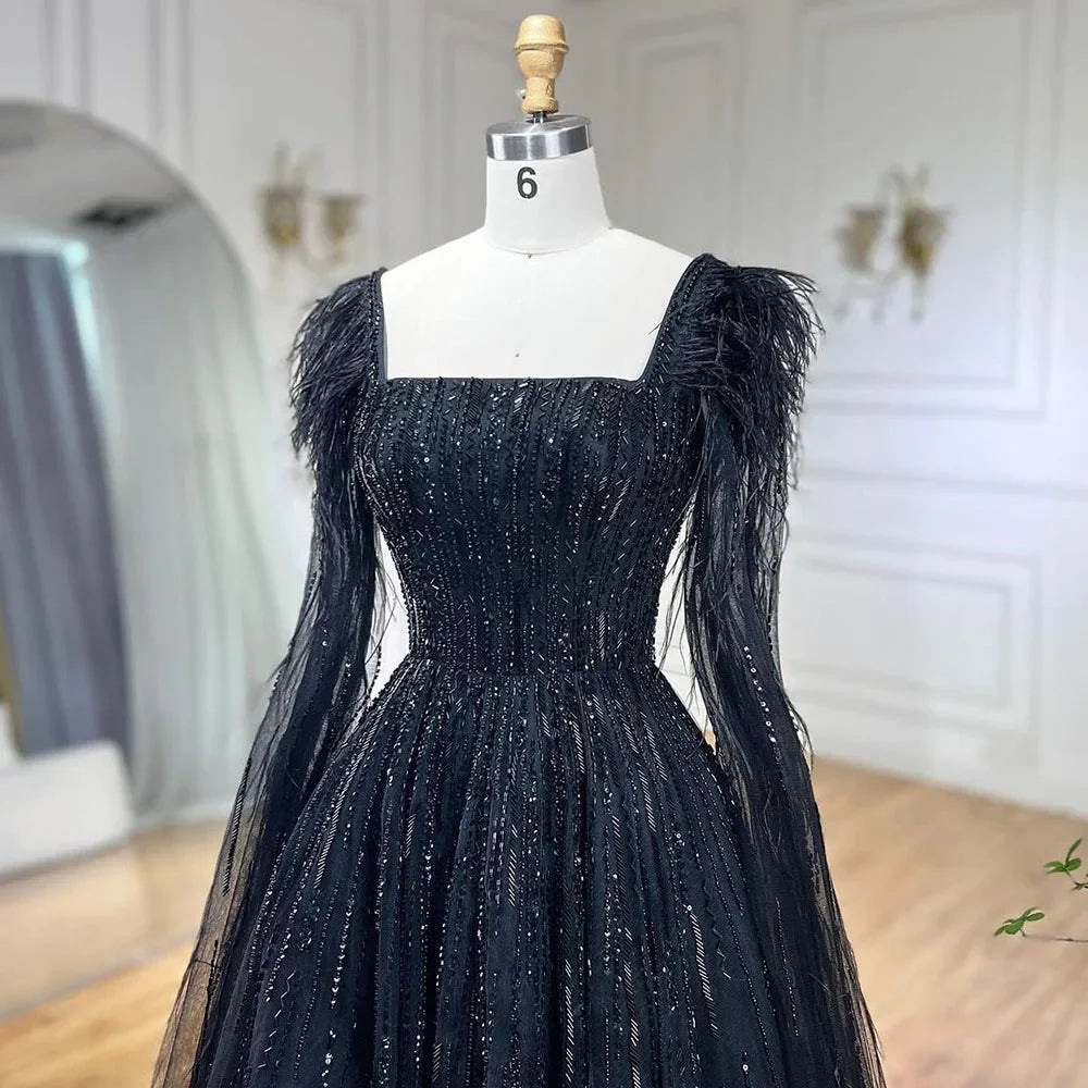 Serene Hill Luxury Dubai A Line Blue Cape Sleeves Feathers Beaded Evening Dresses Gowns 2023 For Women Wedding Party BLA72236