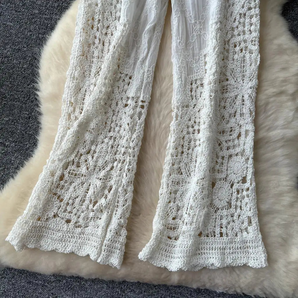 Korean Fashion Women Knitting Trousers Autumn Embroidery Splice Hollow Out High Waist Loose Casual Beach Long Wide Leg Pants New