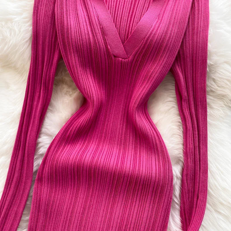 Women Long Sleeve Sexy Bodycon Dress with slit Vintage French Fashion Knit v neck Vestidos Basic Tight Elegant Slim Chic Dresses