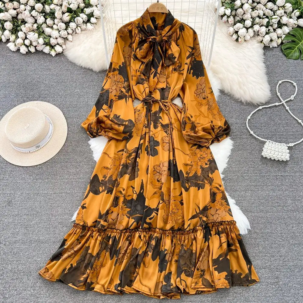 Elegant Casual A-Line Vintage Ruffle Print Long Dress Autumn Lantern Sleeve Party Boho Dresses Beach Holiday Female Vestidos