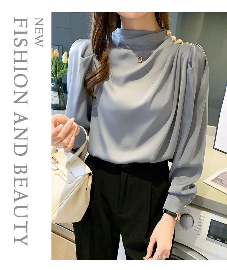 Autumn New Women's Style Stand up Collar Pleated Long Sleeve Top Fashion Lantern Sleeve Loose Elegant Solid Color Shirt Blouse