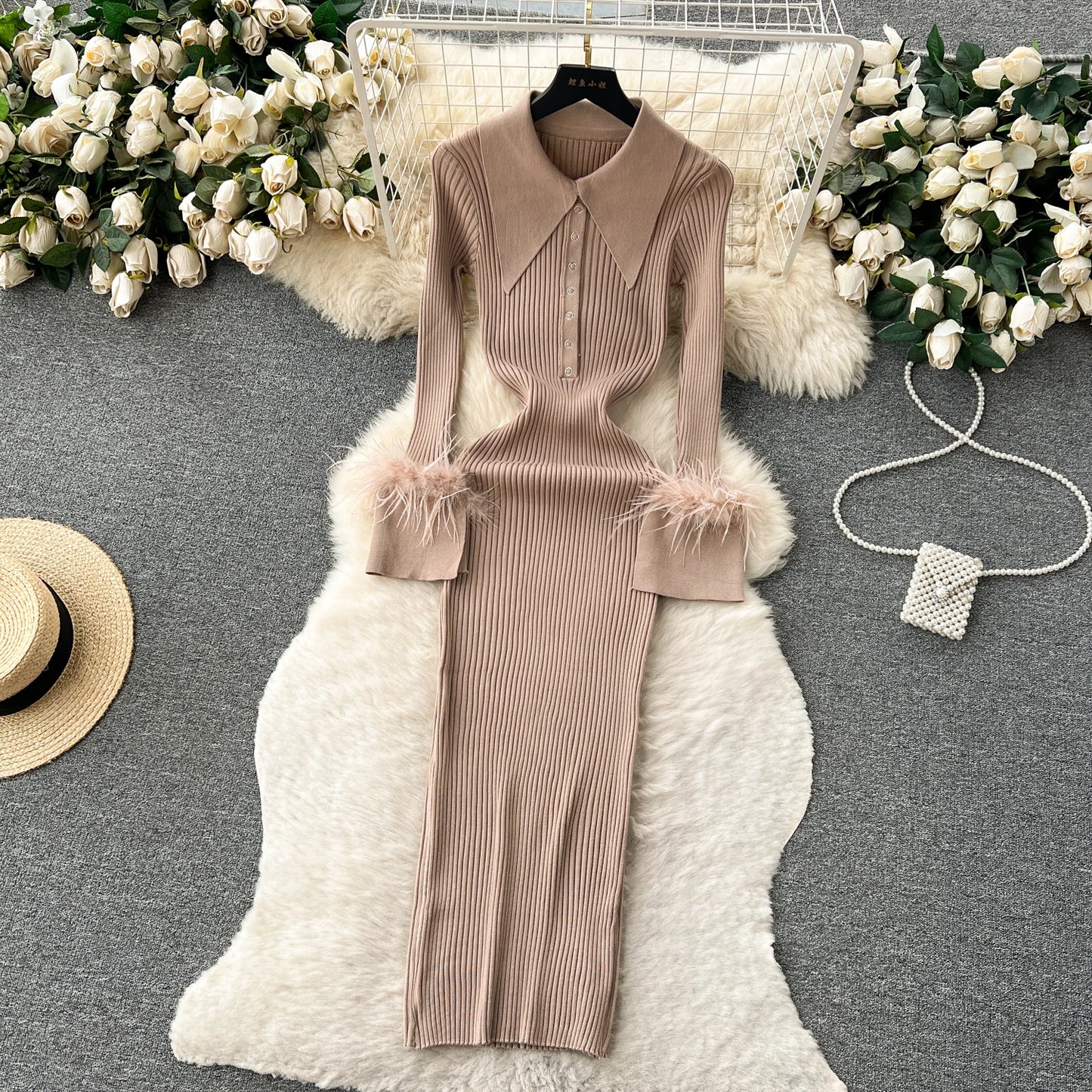 Elegant Turn-down Collar Feather Long Sleeve Knit Bodycon Pencil Dress Slim Fashion Sweater Vestido Sexy Women Winter Clothing
