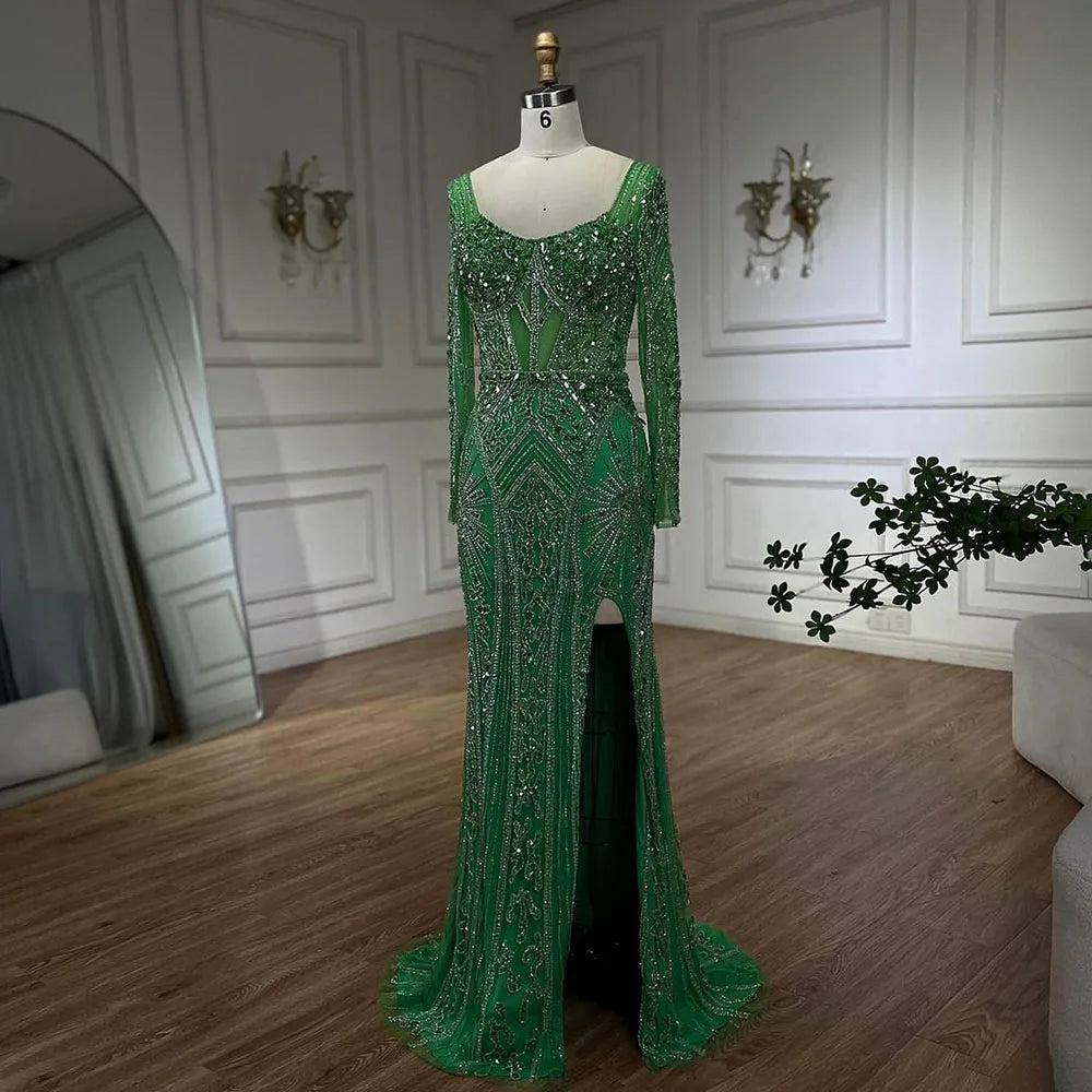 Serene Hill 2024 Women Wedding Parties Dubai Arabia Luxury Beaded Evening Dresses Gowns Green Elegant Split Mermaid LA72518