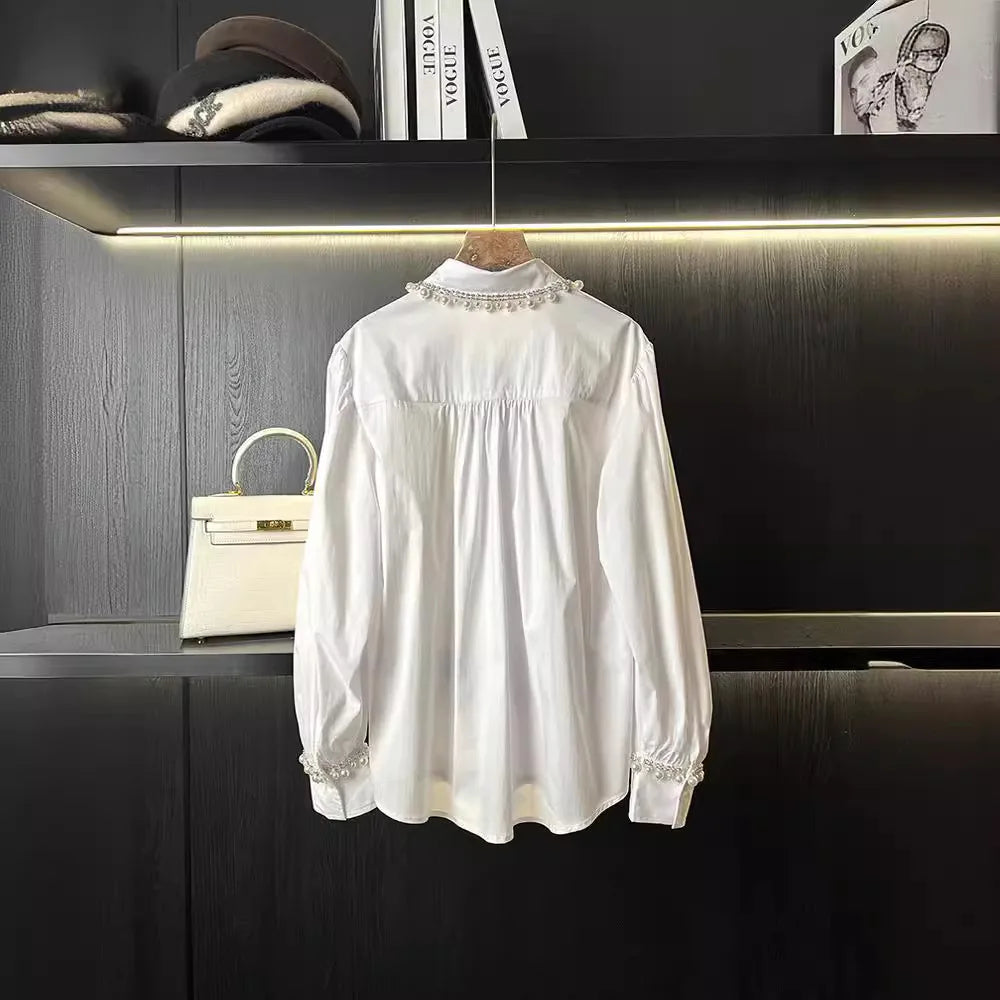 Luxurious Temperament Pearl Diamond Decoration Single breasted Lapel Shirt Blouse Women's Autumn New Elegant White Shirts Top