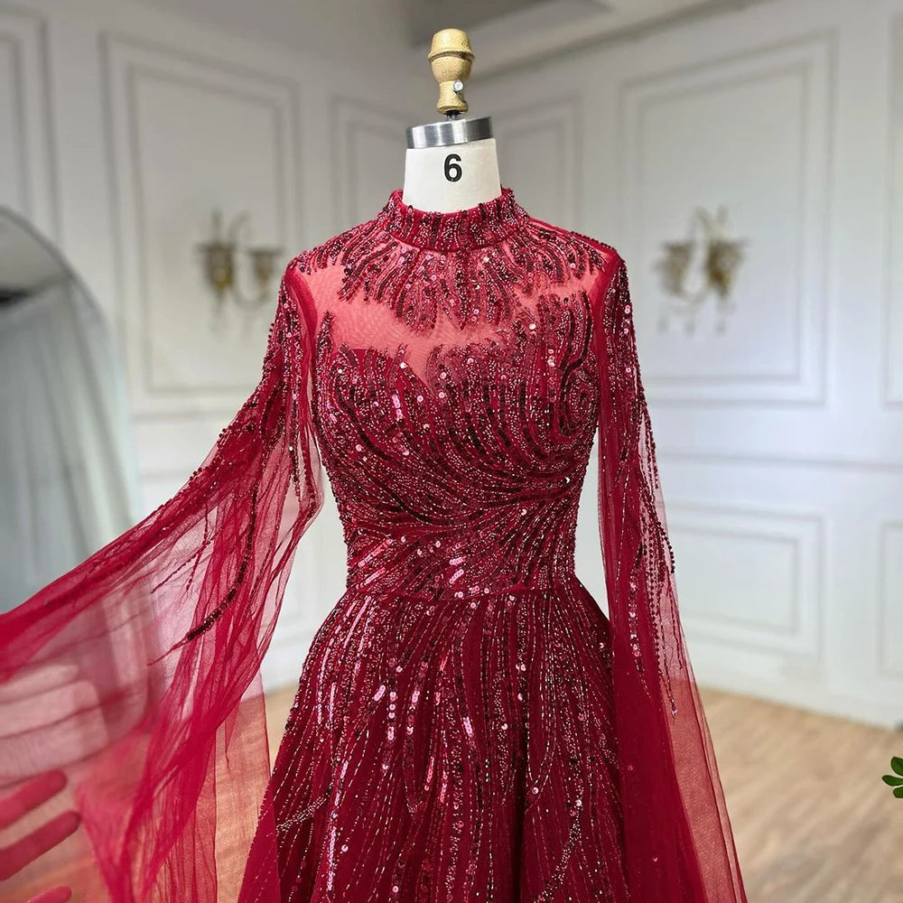 Serene Hill Caramel Luxury Evening Dresses with Cape Sleeves A-Line Beaded Lace Gown For Women's Wedding Party 2024 LA72386