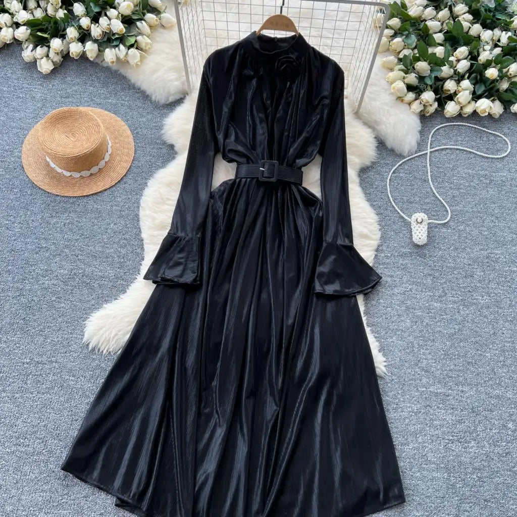 Autumn Vintage Pleated Women Long Dress Elegant Stand Collar Solid A-Line Party Prom Vestidos Female Birthday Clothes Mujers