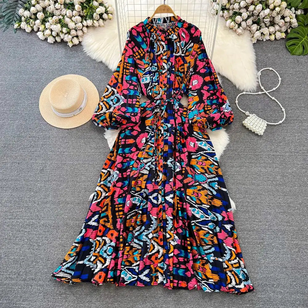 Elegant Women Casual Floral Print Party Dress Vintage Lantern Sleeve A-Line Pleated Prom Birthday Clothes Female Fashion Robe