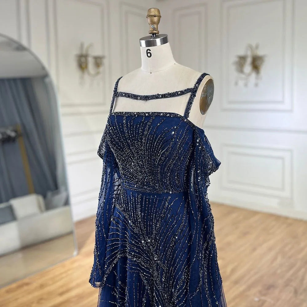 Serene Hill Arabic Navy Blue Spaghetti Strap Mermaid Beaded A-Line Elegant Long Evening Dress for Women Party 2024 LA72469
