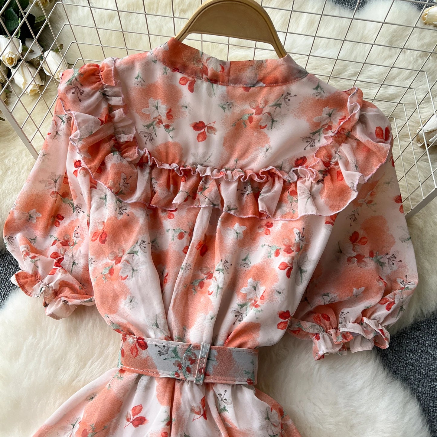 French Vintage Ruffle print chiffon Bandage Bow Puff Sleeves short Sleeves Dress Casual Women Fashion summer dresses