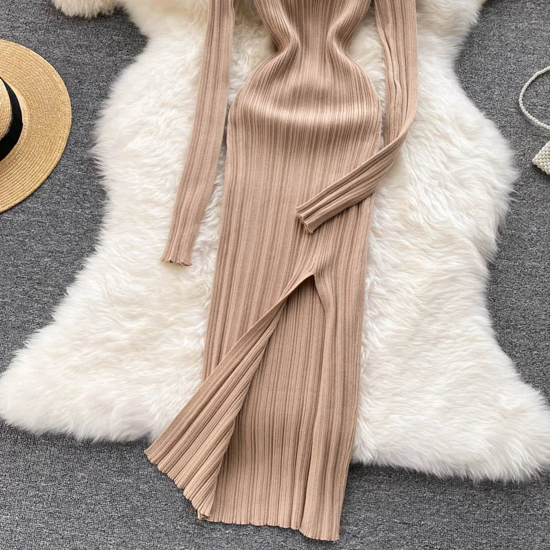 Women Chic Elegant Long Sleeve Split Bodycon Midi Dress Sexy French Fashion Knit Wrap Vestidos Elastic Slim Pencil Sweater Dress