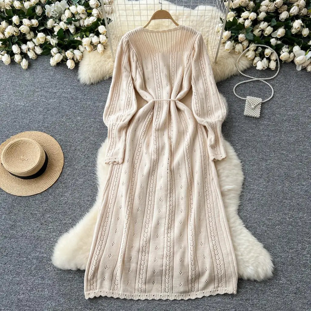 Elegant Autumn Solid Knitted Dresses for Women Sweet Hook Flower Hollow Strap A-line Korean Fashion Casual Vestidos Mujer New