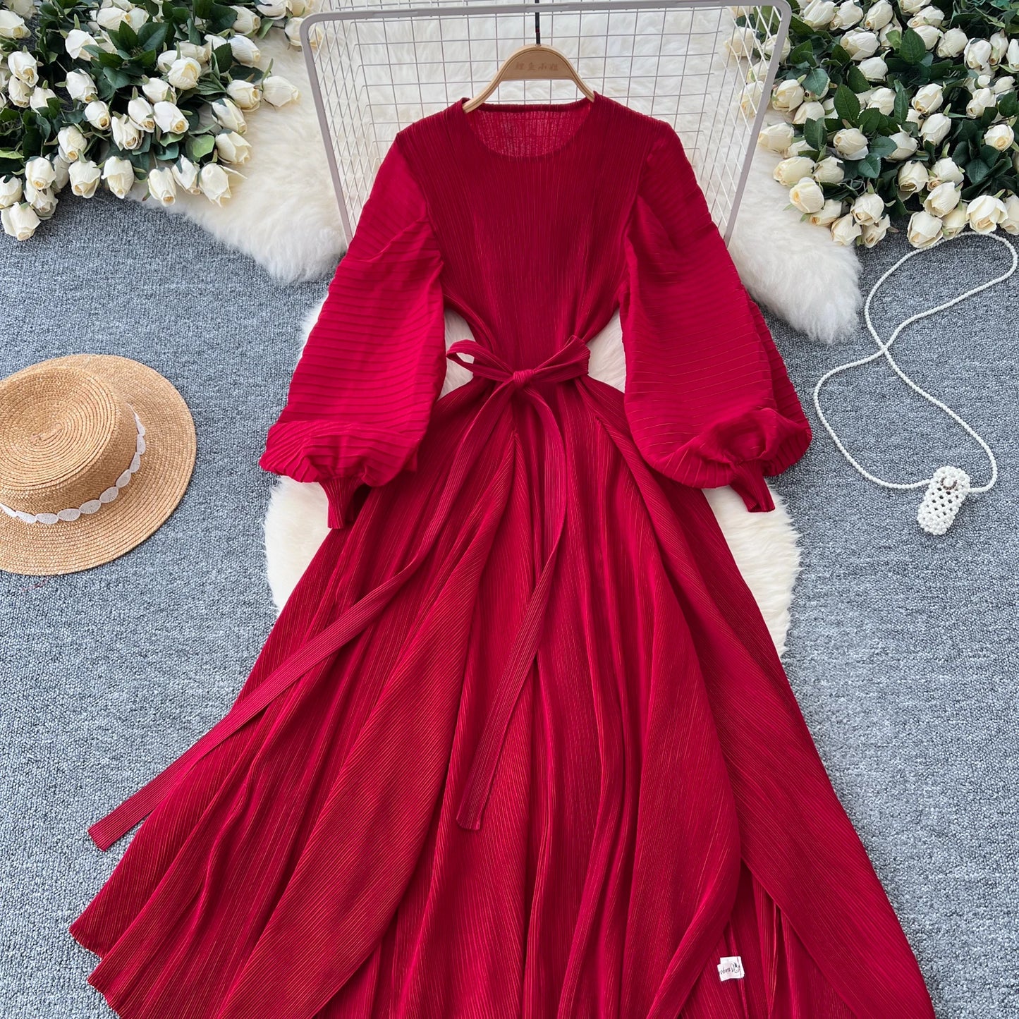 Vintage Elegant Lantern Sleeve Sweet Pleated Dress Women Basics Fashion Summer Spring Dresse