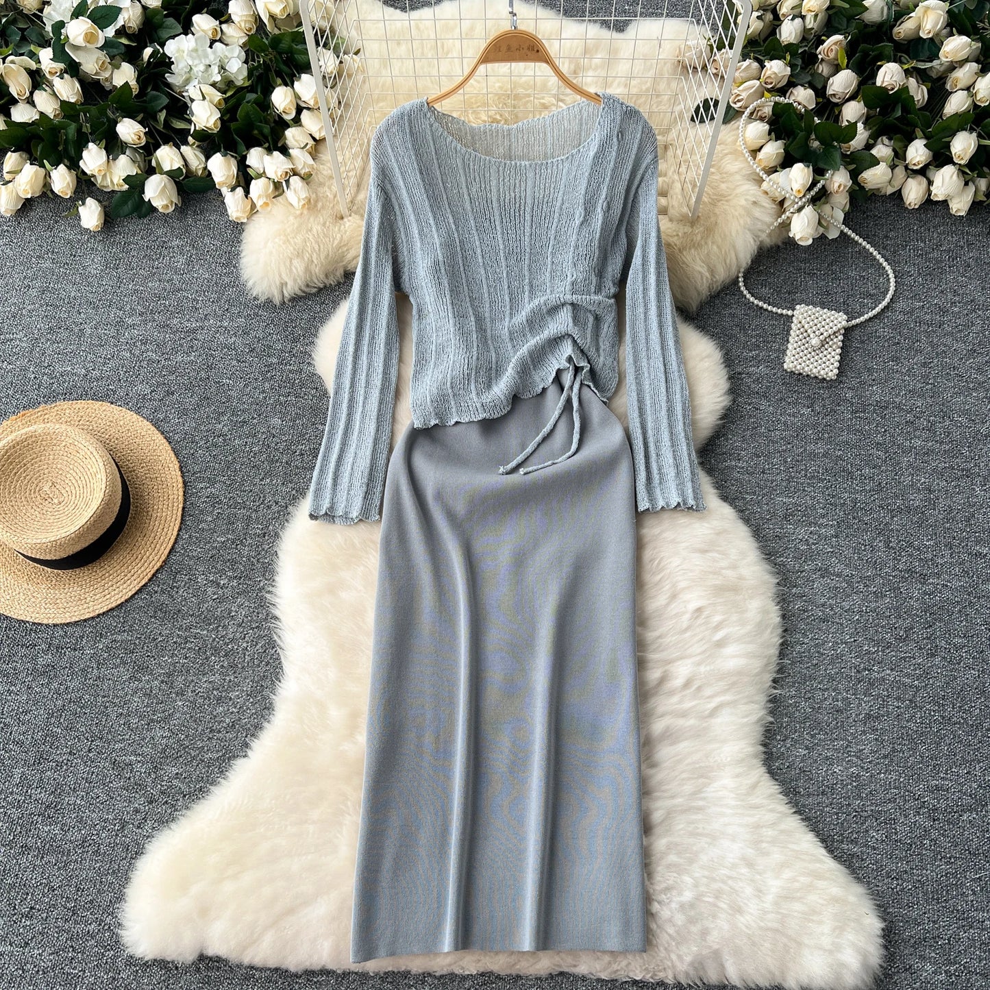 French Vintage Shirring lool sleeve slip knit overcoat with sweet slip A-line Chic Casual Vacation Women Summer dresses
