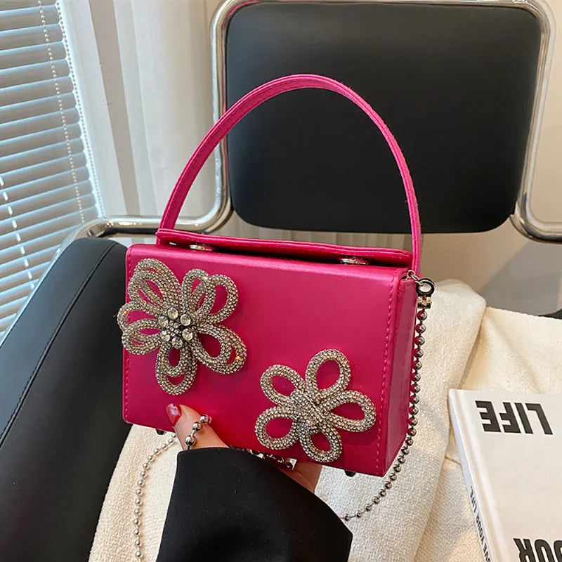 Light Luxury High-Grade Women Chain Crossbody Bag Korean Design Sense Diamond Flower New Pop Handbag Fashion Box Mini Square Bag