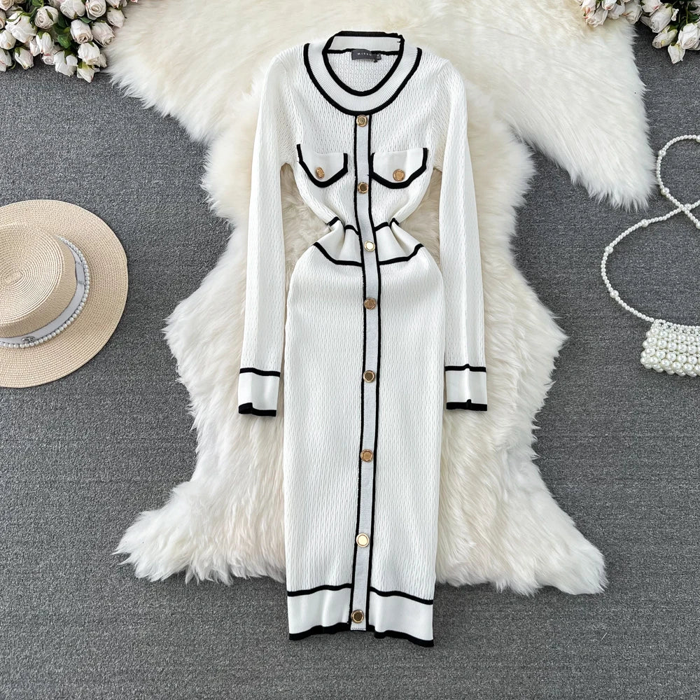Women Elegant Bodycon Slim Party Knitted Dress Long Sleeve O-Neck Vintage Chic Prom Birthday Vestidos Autumn Female Long Robe