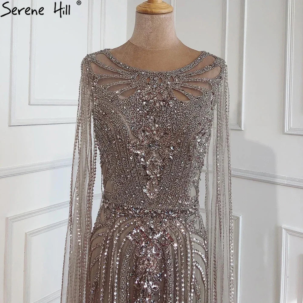 Serene Hill Brown Mermaid Elegant 2024 With Cape Sleeves Beaded Luxury Evening Dresses Gowns For Women Party LA70638