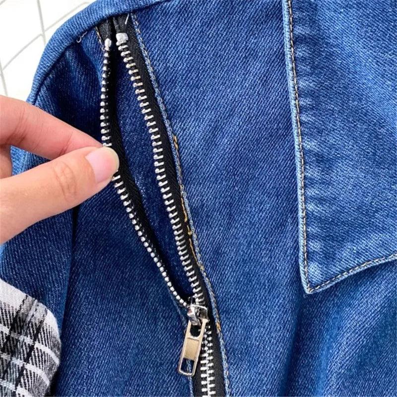 Denim Spliced Long Sleeve Shirt Coat Women Zipper Design Fashion Belt Lapel Mid Long Shirt Jacket Female Autumn Casual Blouses