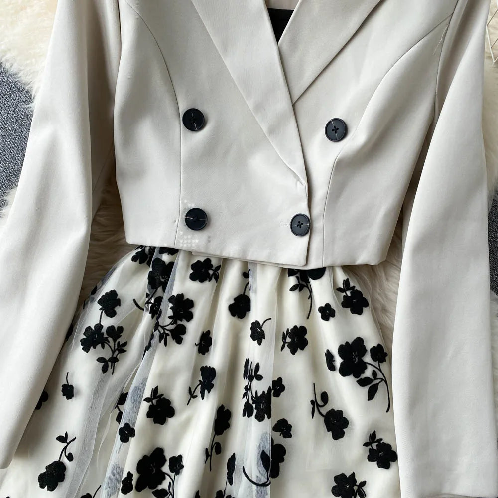 French Style Elegant Two Piece Sets Women Double Breasted Blazer Jacket + Mesh A-line Long Dress Fashion Korean Outfits