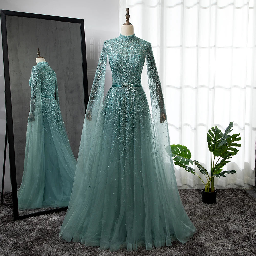 Serene Hill Blue A-Line High-end Beaded Luxury Cape Sleeves Evening Dresses Gowns 2024 For Woman Party Plus Size LA70066B