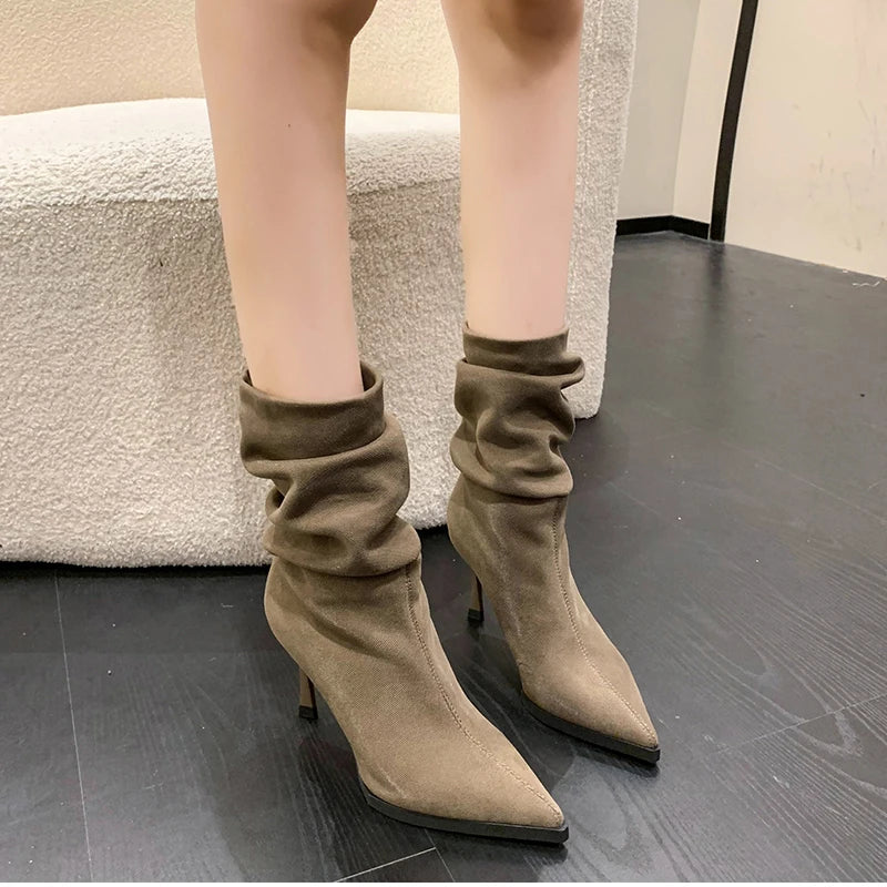 High Heel Women Pleated Ankle Boots Fashion Pointed Toe Slip On Shoes Dancing Party Dress Short Botas De Mujer