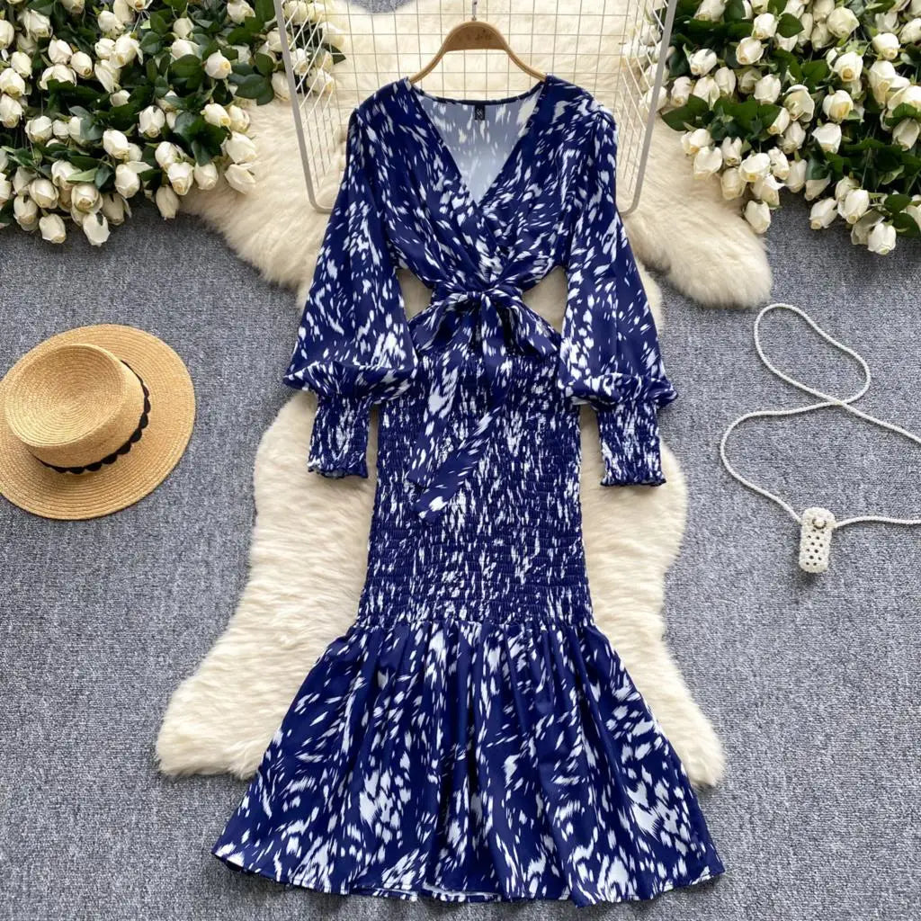 Women Casual Vintage Print Ruffle Long Dress Autumn Elegant V Neck Lantern Sleeve Party Mermaid Dresses Holiday Female Mujer New
