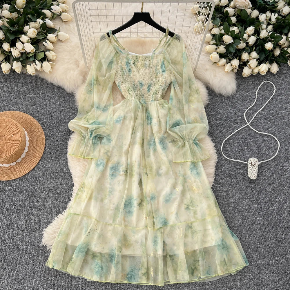 Elegant Bright Silk Print Party Dress for Women Casual Off Shoulder Spaghetti Strap Flare Sleeve Slim Waist Vestidos A-Line Robe
