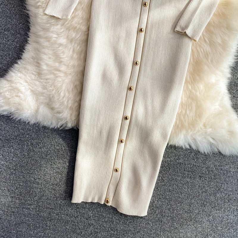 Women Chic Hollow Elegant Long Sleeve Bodycon Dress Sexy Party French Fashion Knit Wrap Vestidos Tight Slim Pencil Dress